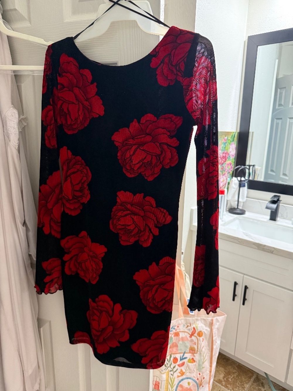 Black and red floral mini dress long sleeve